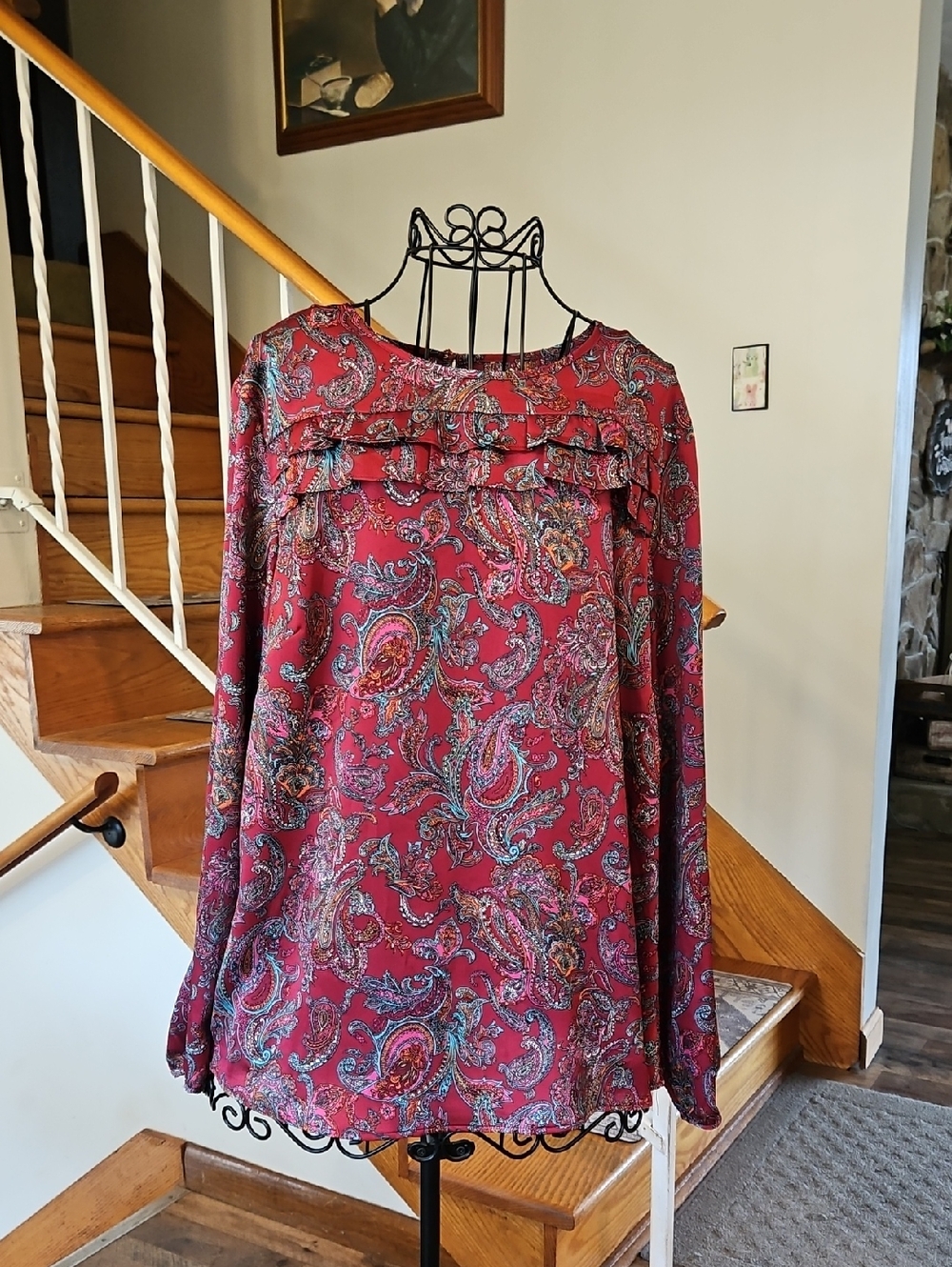 👚Talbots Paisley Ruffle Yoke Blouse in Berry Multicolor